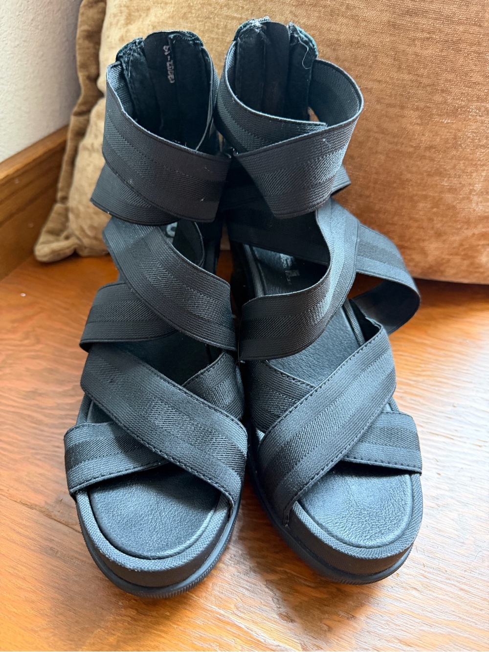 Sorel Black Crisscross Elastic Wedge Sandals